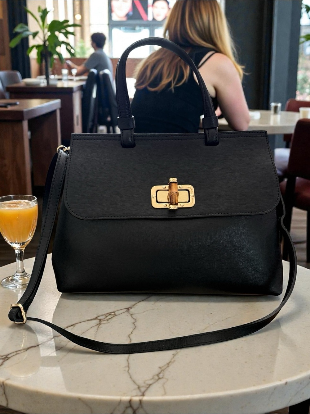 Gucci Inspired Black Saffiano Leather Bag with Gold Bamboo-Style Turn Lock